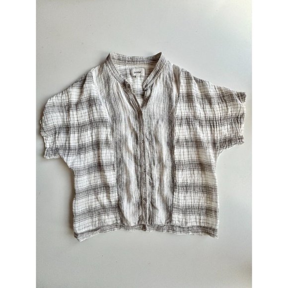 POLDER Spencer White Black Striped Linen Gauze Mandarin Collar Blouse, Size 42 - Picture 7 of 13